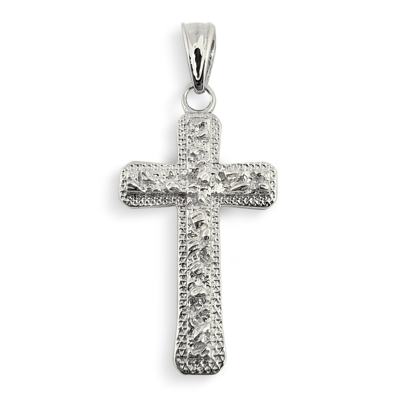 Real 18K White Gold Nugget Cross Textured Edge Mens Diamond Cut Pendant All Sizes