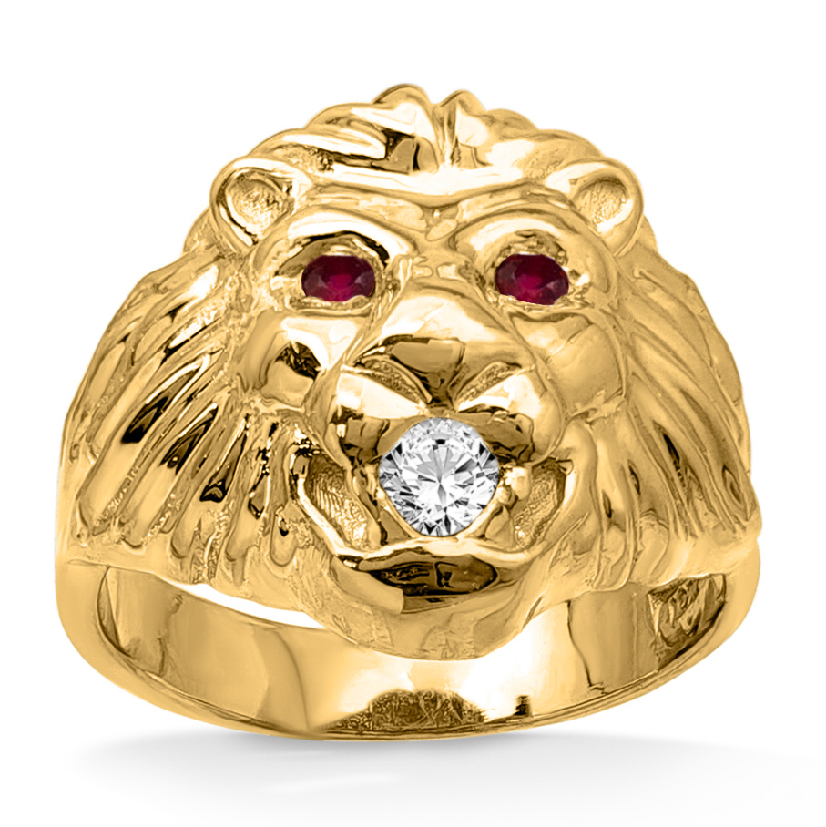 Real 18K Yellow Gold Mens Lion Ring Diamond Mouth Ruby Eyes Size 5