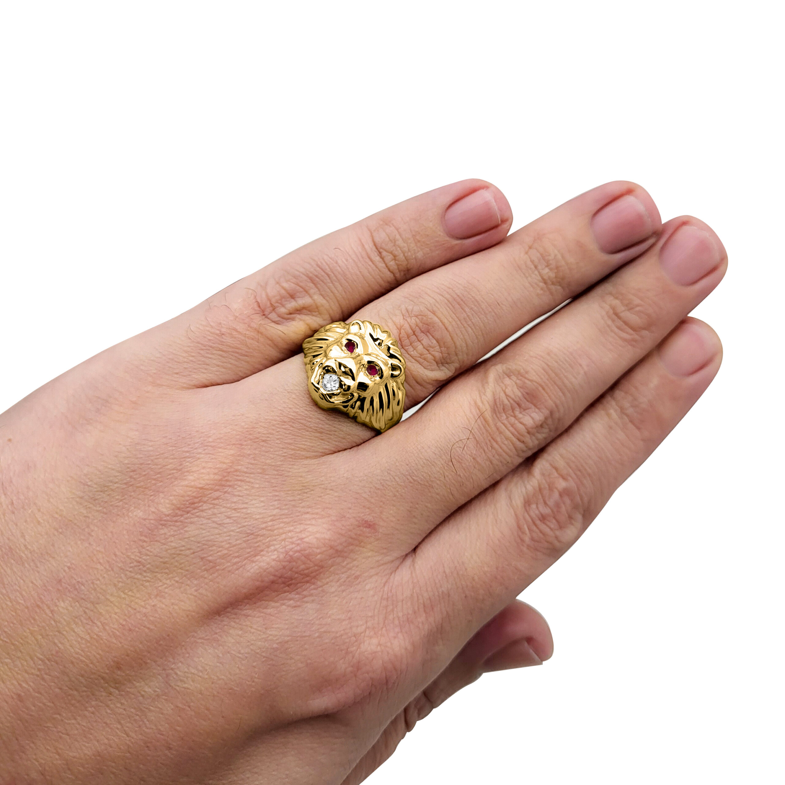 Real 18K Yellow Gold Mens Lion Ring Diamond Mouth Ruby Eyes Size 5