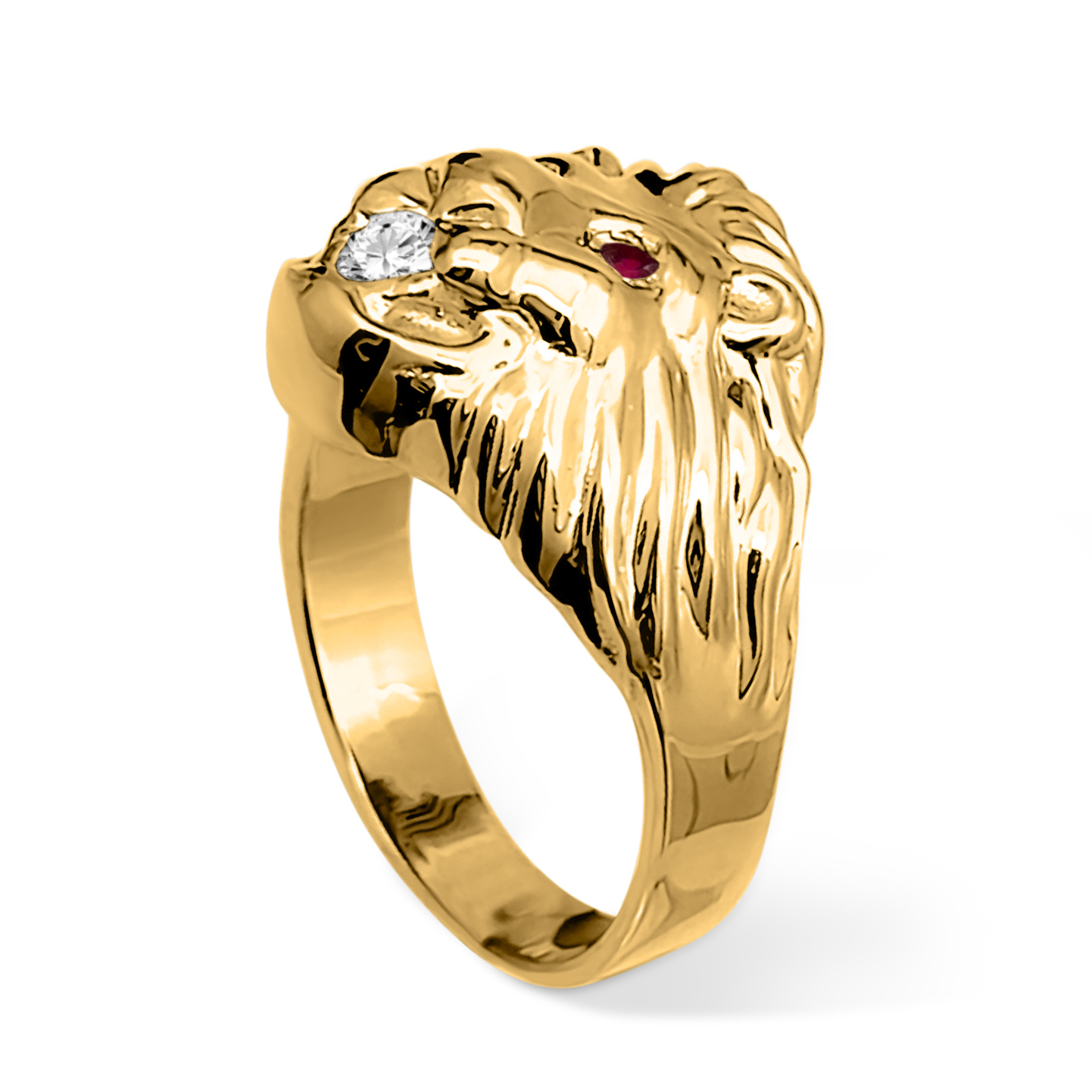 Real 18K Yellow Gold Mens Lion Ring Diamond Mouth Ruby Eyes Size 5