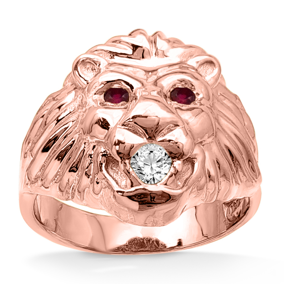 Real 18K Rose Gold Mens Lion Ring Diamond Mouth Ruby Eyes Size 5 - 15