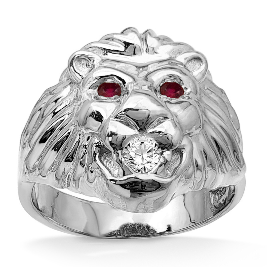 Real 14K White Gold Mens Lion Ring Diamond Mouth Ruby Eyes Size