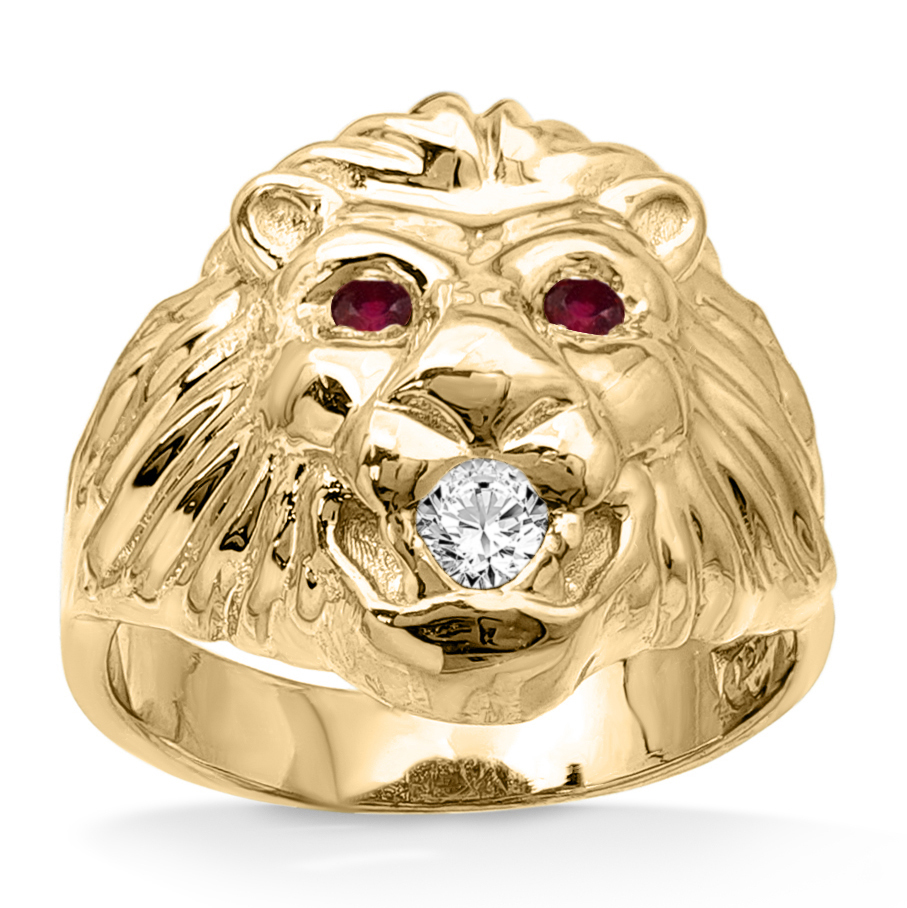 Real 14K Yellow Gold Mens Lion Ring Diamond Mouth Ruby Eyes Size 5 - 15
