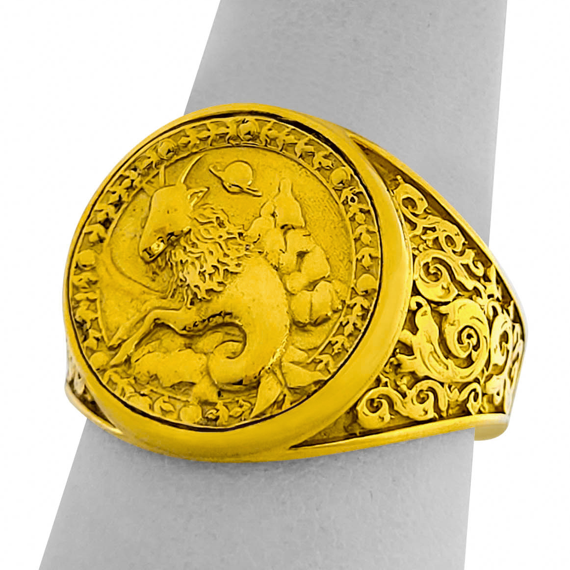 Real 24K Yellow Gold Capricorn Ring, Zodiac Sign Mens Gold Coin Ring Astrology Jewelry