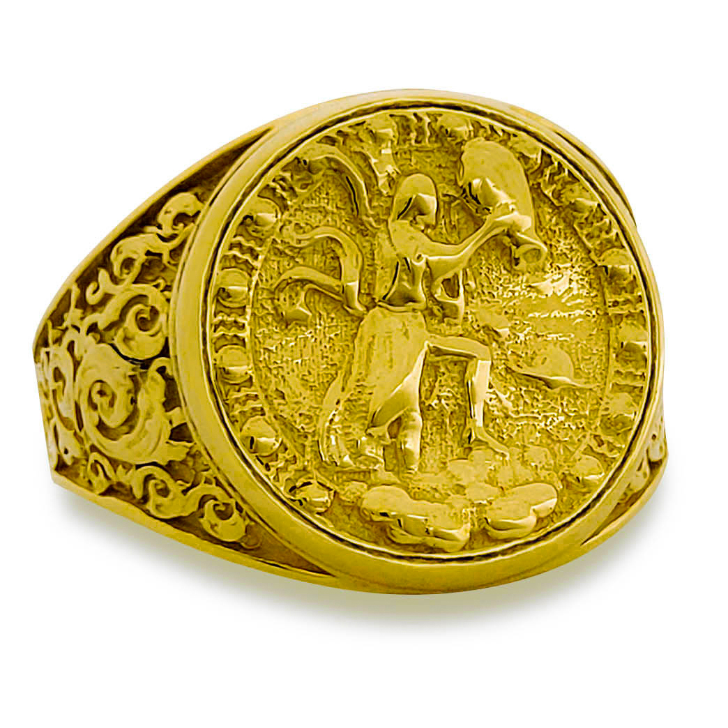 Real 24K Yellow Gold Aquarius Ring, Zodiac Sign Mens Gold Coin Ring Astrology Jewelry