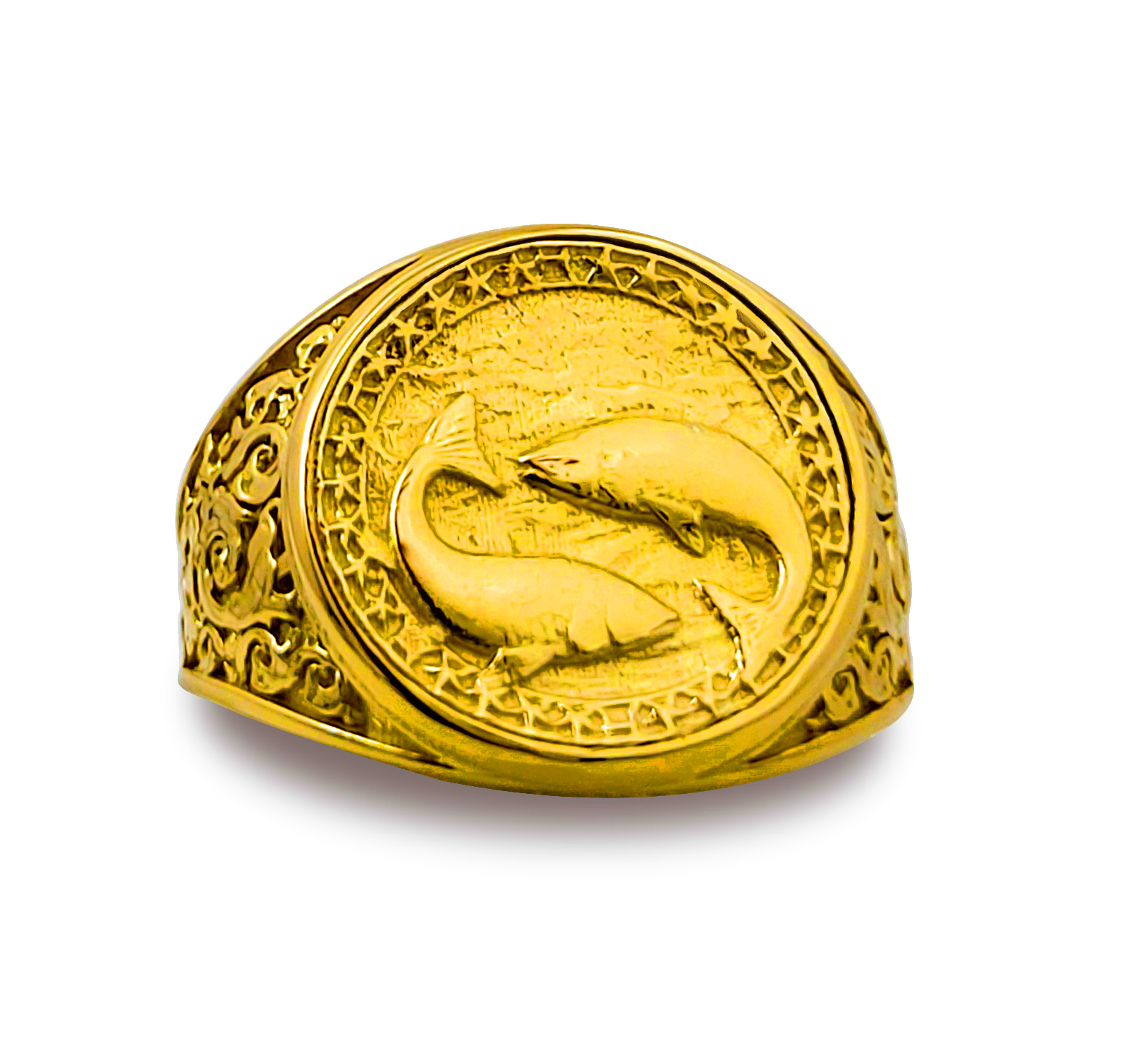 Real 24K Yellow Gold Pisces Ring, Zodiac Sign Mens Gold Coin Ring Astrology Jewelry