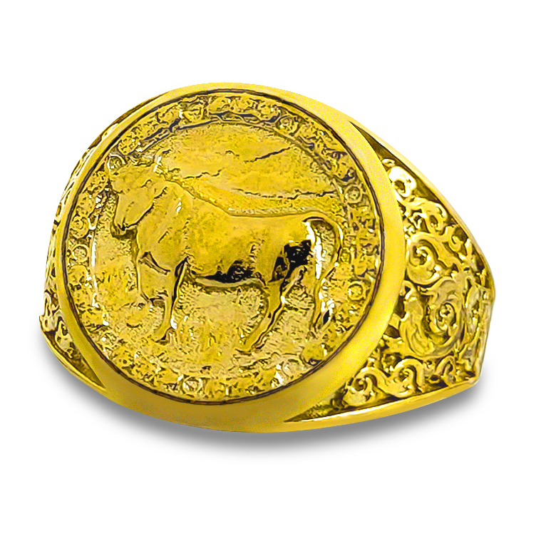 Real 24K Yellow Gold Taurus Ring, Zodiac Sign Mens Gold Coin Ring Astrology Jewelry