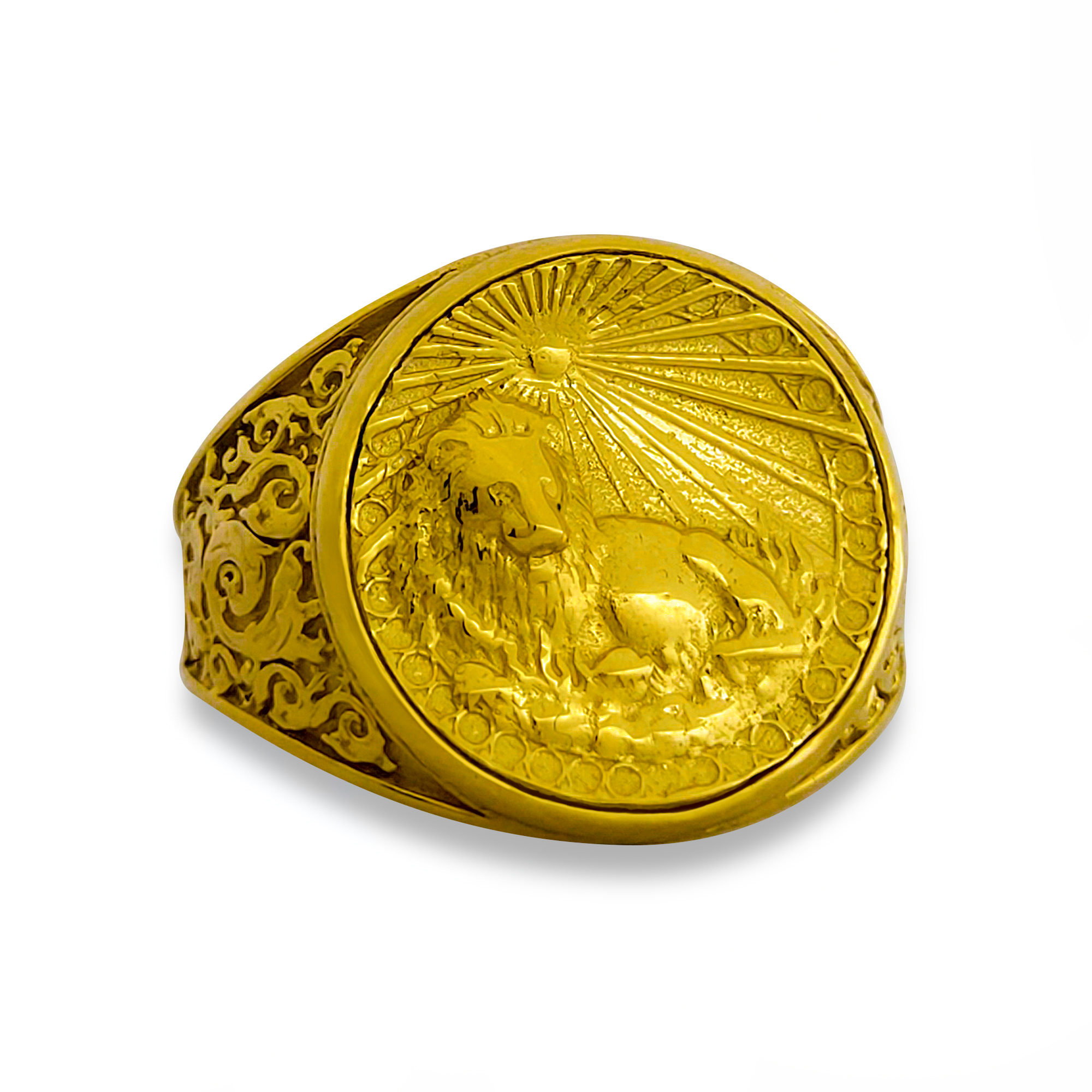 Real 24K Yellow Gold Leo Ring, Zodiac Sign Mens Gold Coin Ring Astrology Jewelry