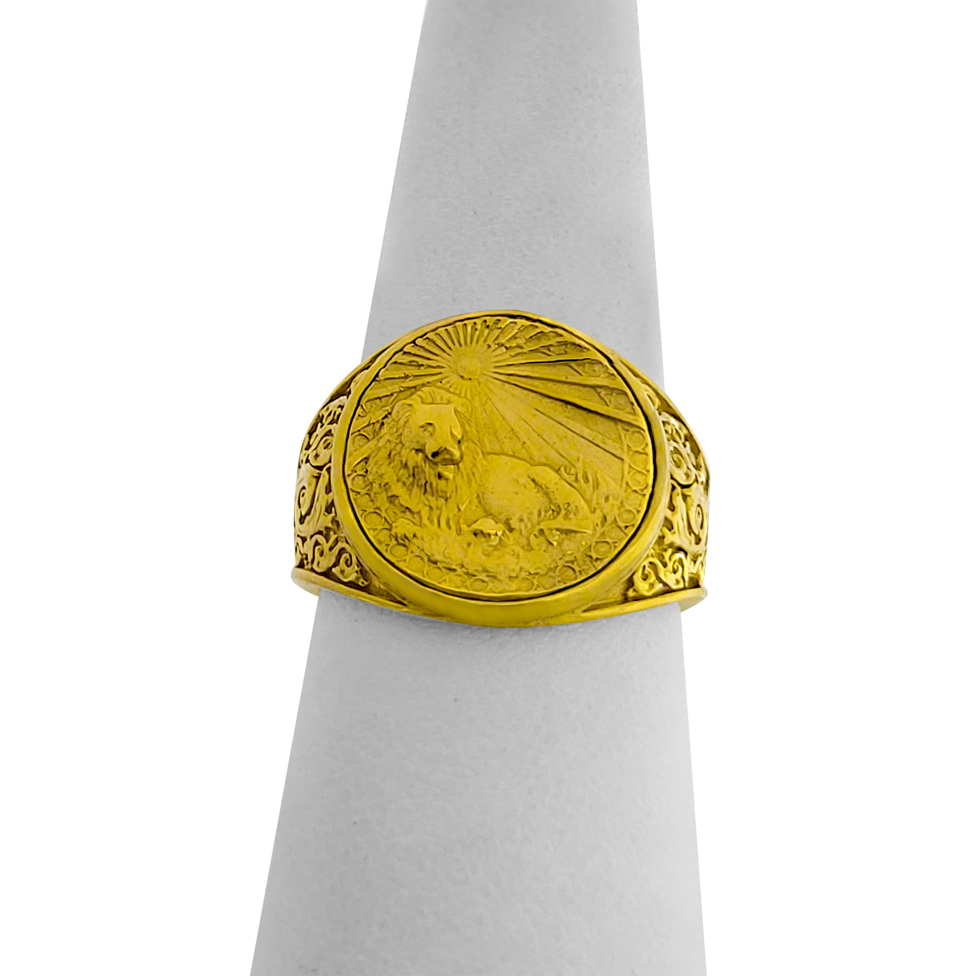 Real 24K Yellow Gold Leo Ring, Zodiac Sign Mens Gold Coin Ring