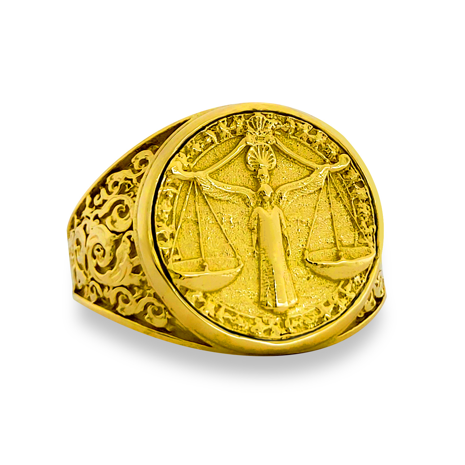 Real 24K Yellow Gold Libra Ring, Zodiac Sign Mens Gold Coin Ring Astrology Jewelry