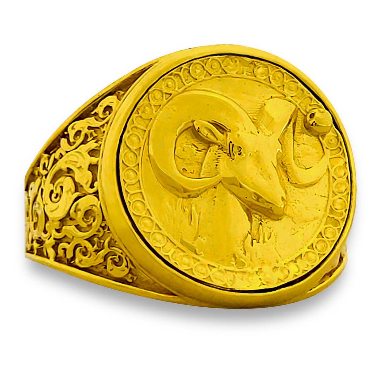 Real 24K Yellow Gold Aries Ring, Zodiac Sign Mens Gold Coin Ring Astrology Jewelry