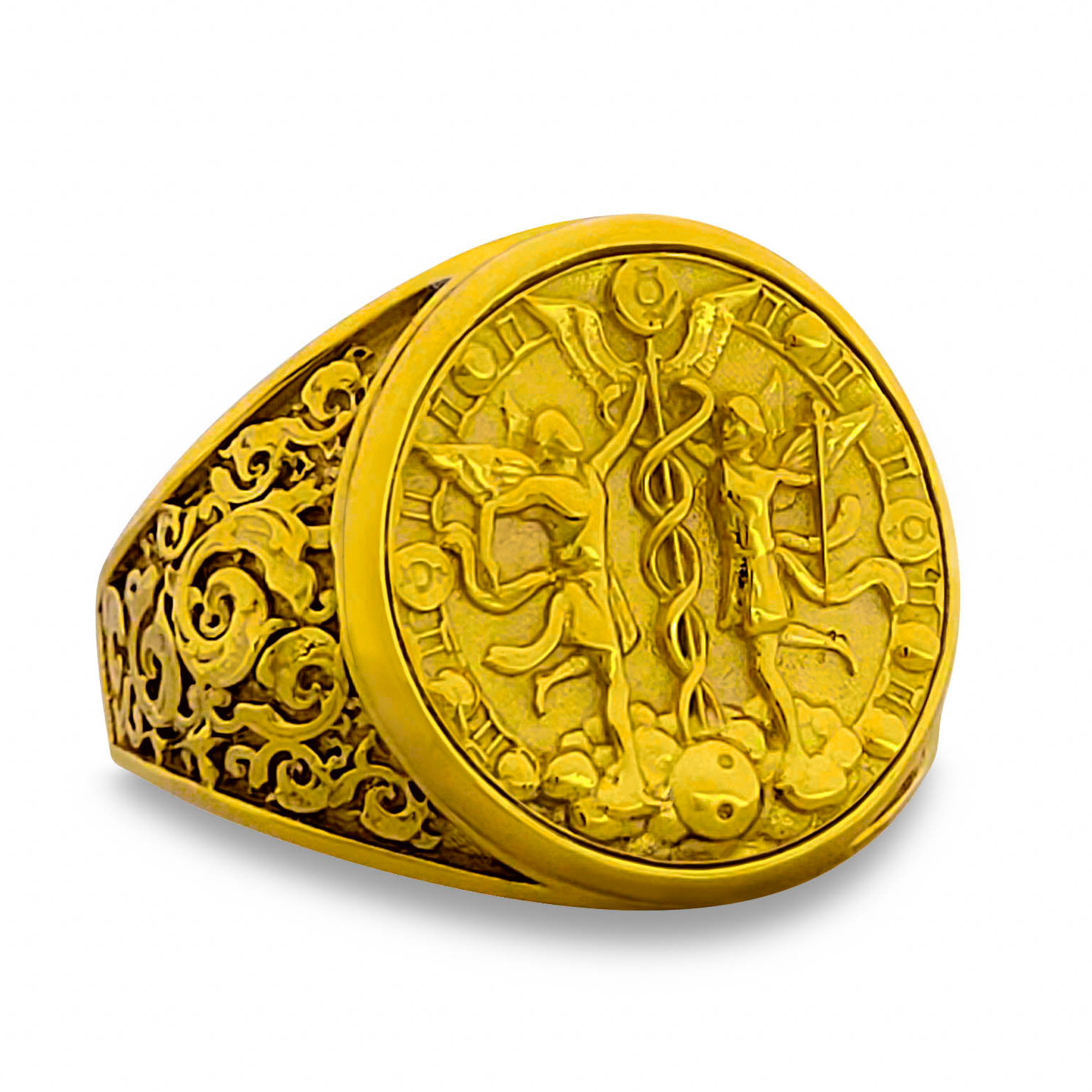 Real 24K Yellow Gold Gemini Ring, Zodiac Sign Mens Gold Coin Ring Astrology Jewelry