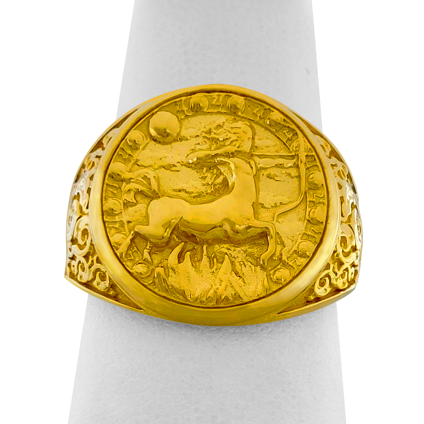 Real 24K Yellow Gold Sagittarius Ring, Zodiac Sign Mens Gold Coin Ring Astrology Jewelry
