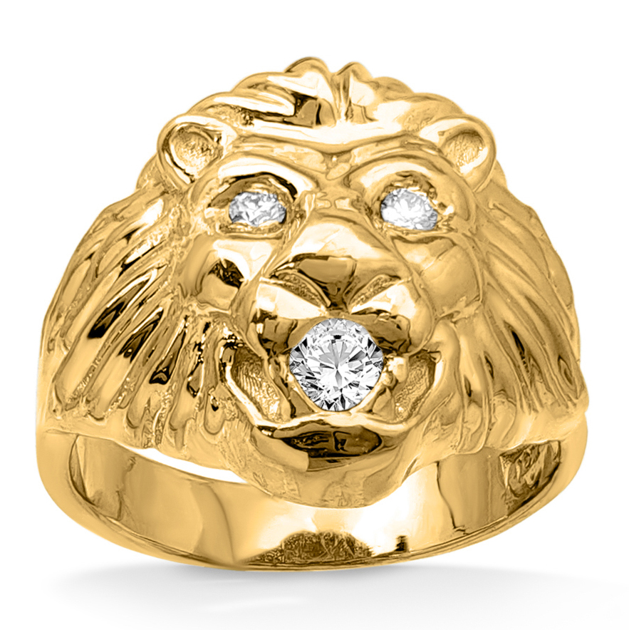 Real 18K Yellow Gold Mens Lion Ring Diamond Mouth and Eyes Size 5 - 15