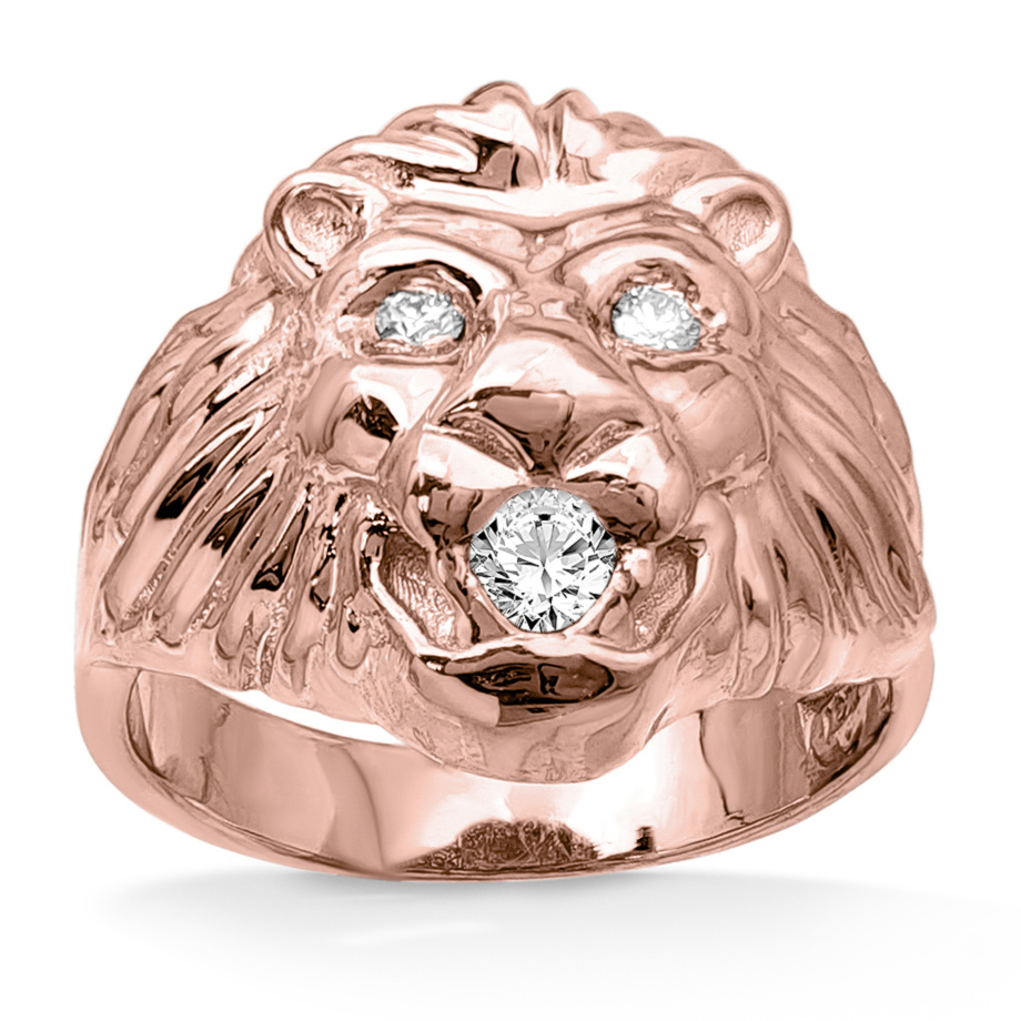Real 18K Rose Gold Mens Lion Ring Diamond Mouth and Eyes Size 5 - 15