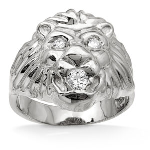 Real 14K White Gold Mens Lion Ring Diamond Mouth and Eyes Size 5 - 15