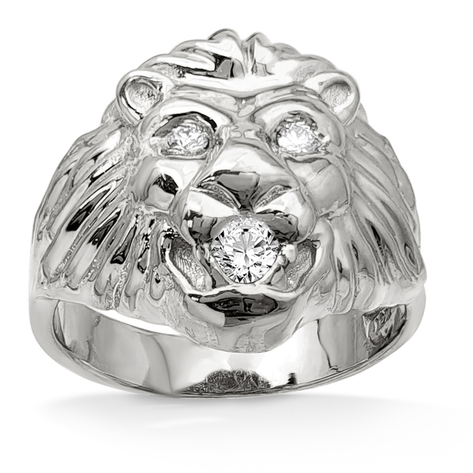 Real 18K White Gold Mens Lion Ring Diamond Mouth and Eyes Size 5 - 15