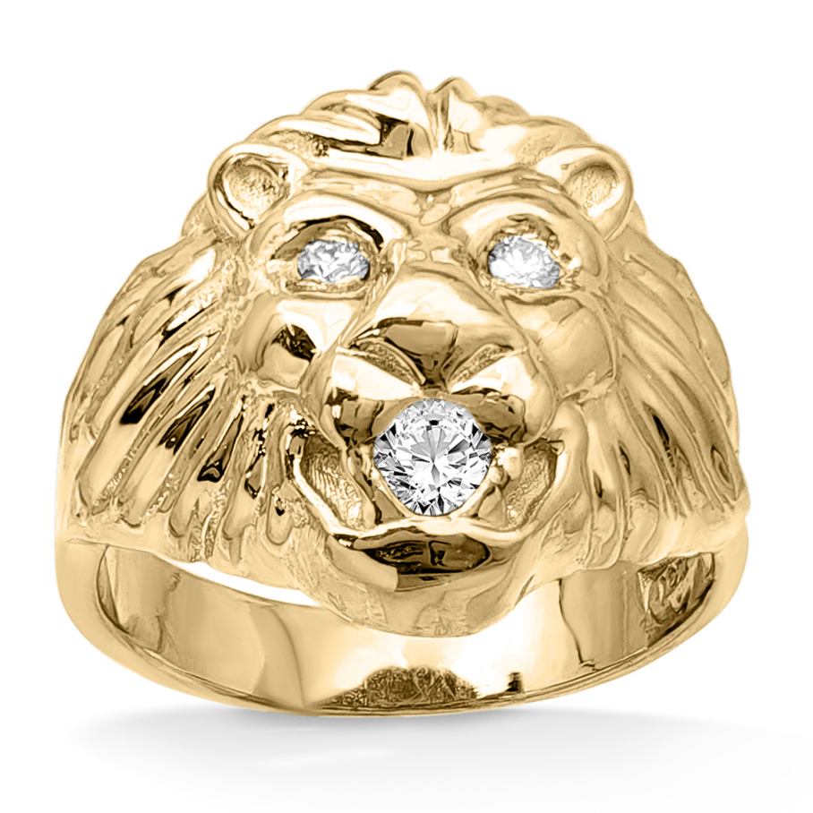 Real 14K Yellow Gold Mens Lion Ring Diamond Mouth and Eyes Size 5 - 15