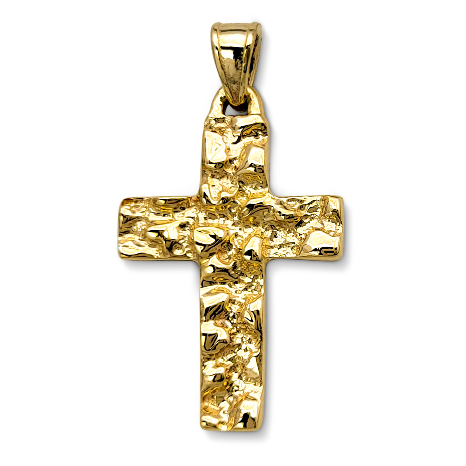 Real 18K Yellow Gold Nugget Cross Handcarved Mens Gold Cross Pendant All Sizes