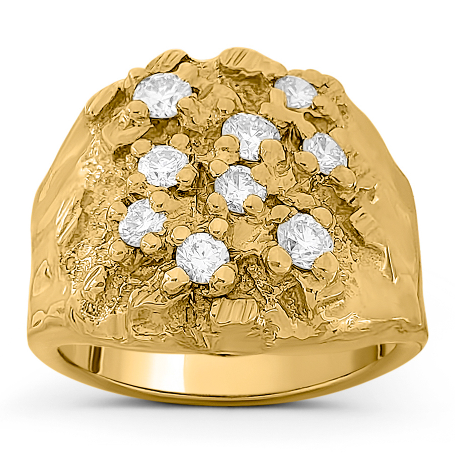 Real 18K Yellow Gold 0.66 Carat Diamond Mens Nugget Ring (Natural or Lab), Size 5 - 15