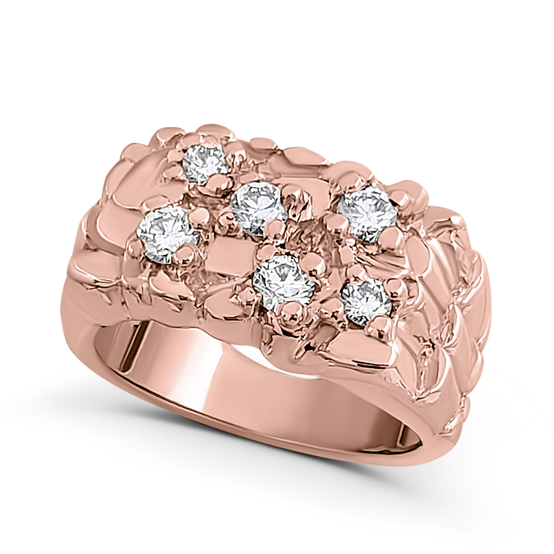Real 18K Rose Gold 0.52 Carat Diamond Classic Mens Nugget Ring (Natural or Lab), Size 5 - 15