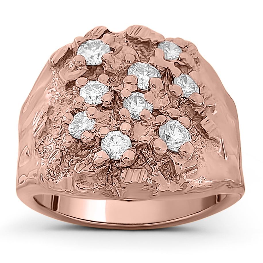 Real 18K Rose Gold 0.66 Carat Diamond Mens Nugget Ring (Natural or Lab), Size 5 - 15