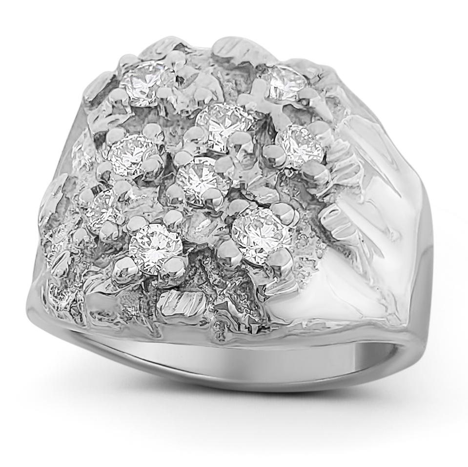 Real 18K White Gold 0.66 Carat Diamond Mens Nugget Ring (Natural or Lab), Size 5 - 15