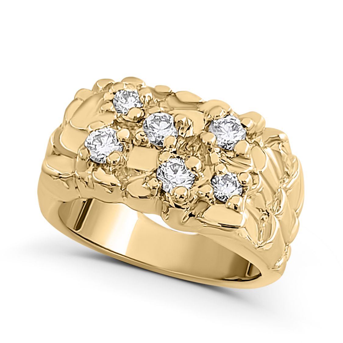 Real 14K Yellow Gold 0.52 Carat Diamond Classic Mens Nugget Ring (Natural or Lab), Size 5 - 15