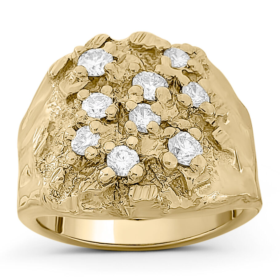 Real 14K Yellow Gold 0.66 Carat Diamond Mens Nugget Ring (Natural or Lab), Size 5 - 15