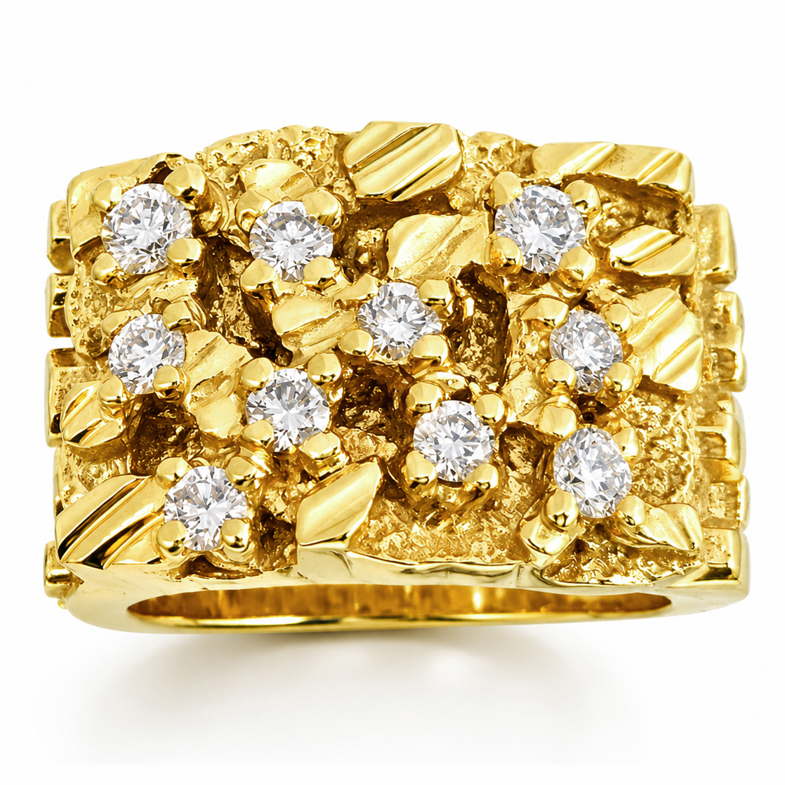 Real 10K Yellow Gold 0.70 Carat Wide Face Diamond Mens Nugget Ring (Natural or Lab)
