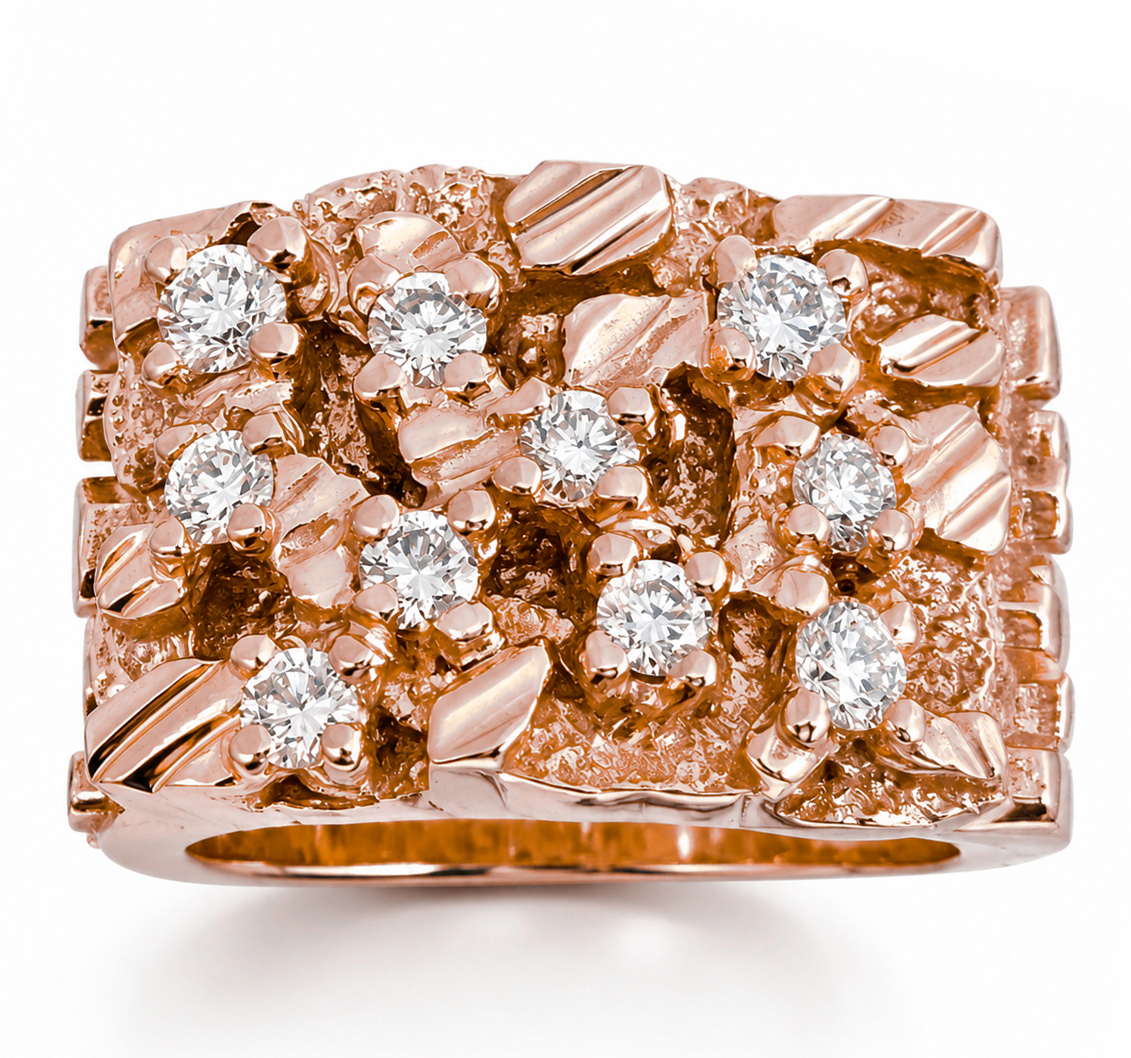 Real 14K Rose Gold 0.70 Carat Wide Face Diamond Mens Nugget Ring (Natural or Lab)