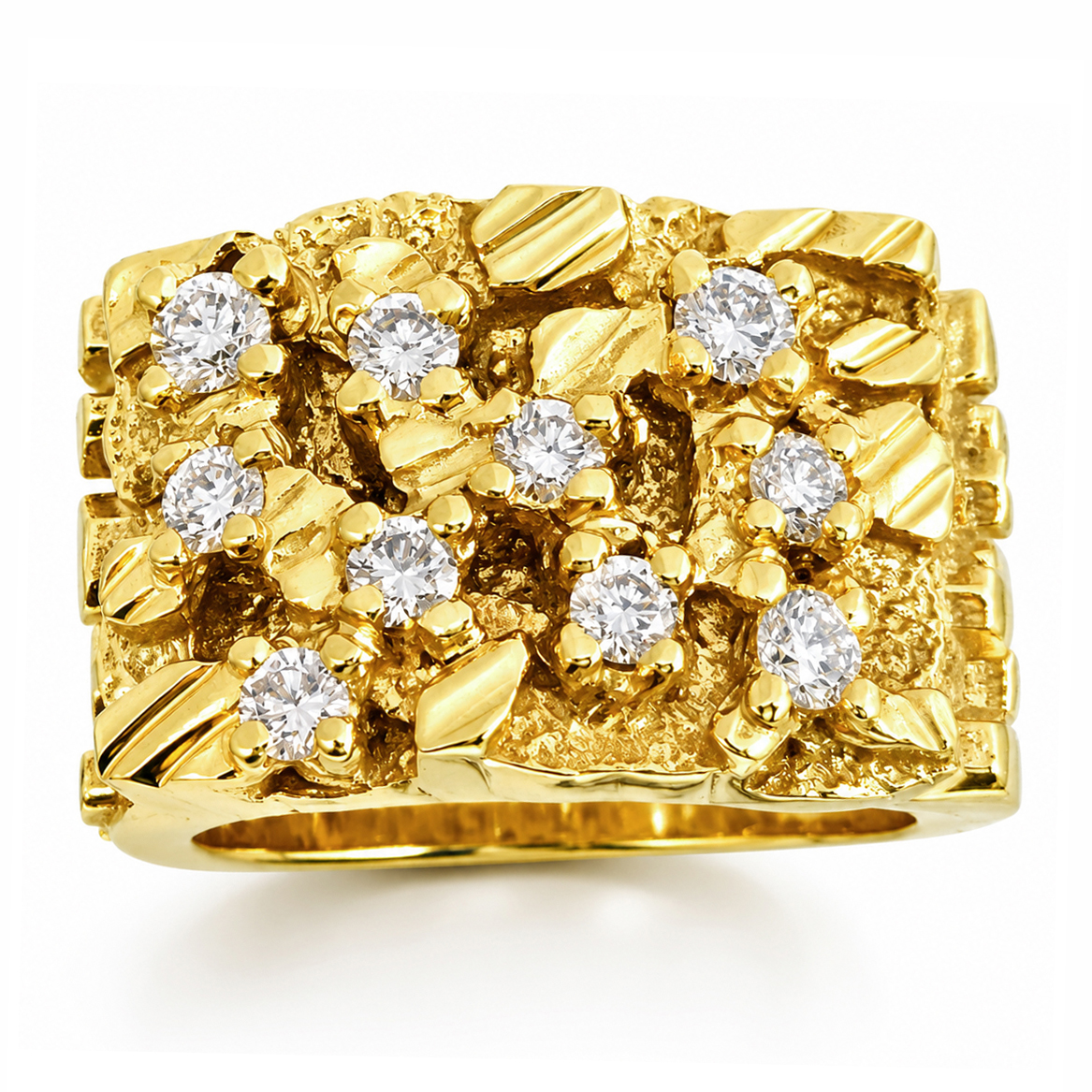 Real 14K Yellow Gold 0.70 Carat Wide Face Diamond Mens Nugget Ring (Natural or Lab)