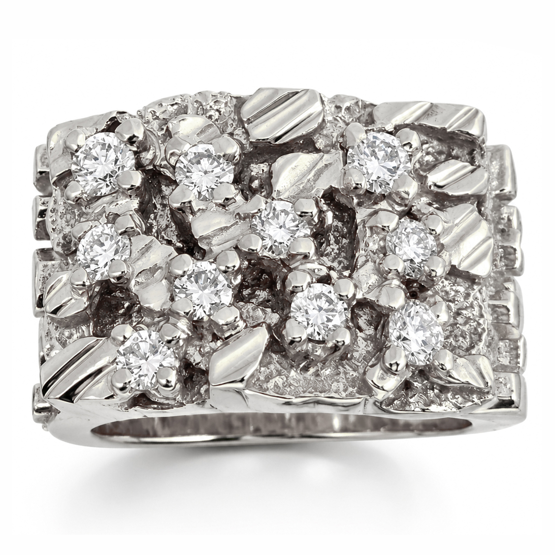 Real 18K White Gold 0.70 Carat Wide Face Diamond Mens Nugget Ring (Natural or Lab)
