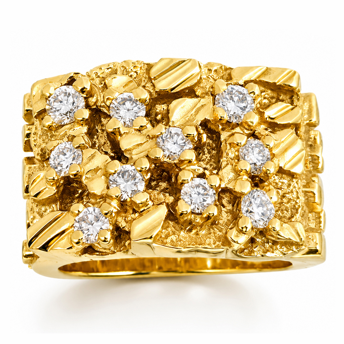 Real 18K Yellow Gold 0.70 Carat Wide Face Diamond Mens Nugget Ring (Natural or Lab)