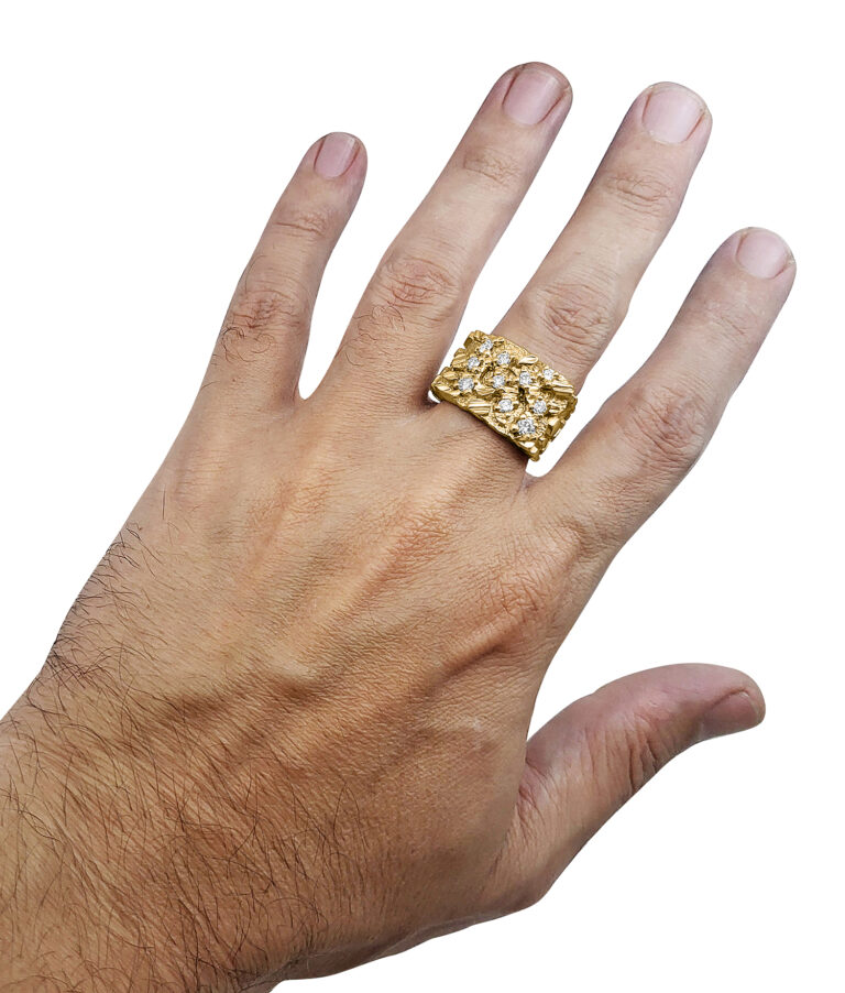 Real 18K Yellow Gold 0.70 Carat Wide Face Diamond Mens Nugget Ring ...