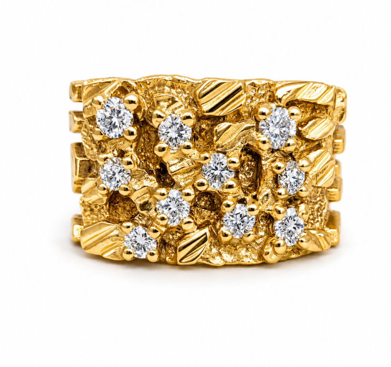 Real 18K Yellow Gold 0.70 Carat Wide Face Diamond Mens Nugget Ring ...