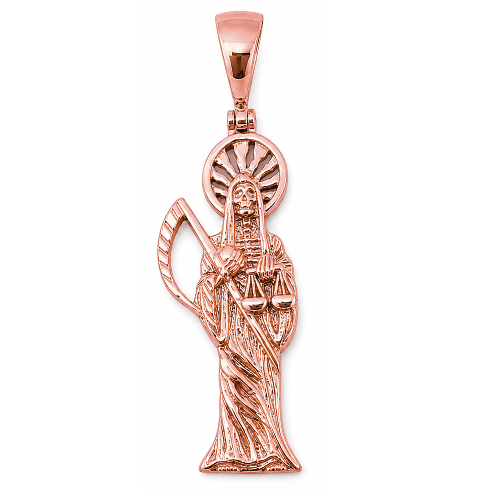 Real 14K Rose Gold Santa Muerte Pendant Holy Death Grim Reaper Saint Charm Santísima Muerte
