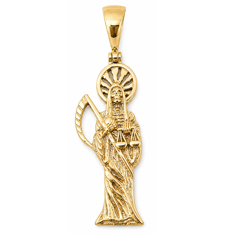 Real 14K Yellow Gold Santa Muerte Pendant Holy Death Grim Reaper Saint Charm Santísima Muerte