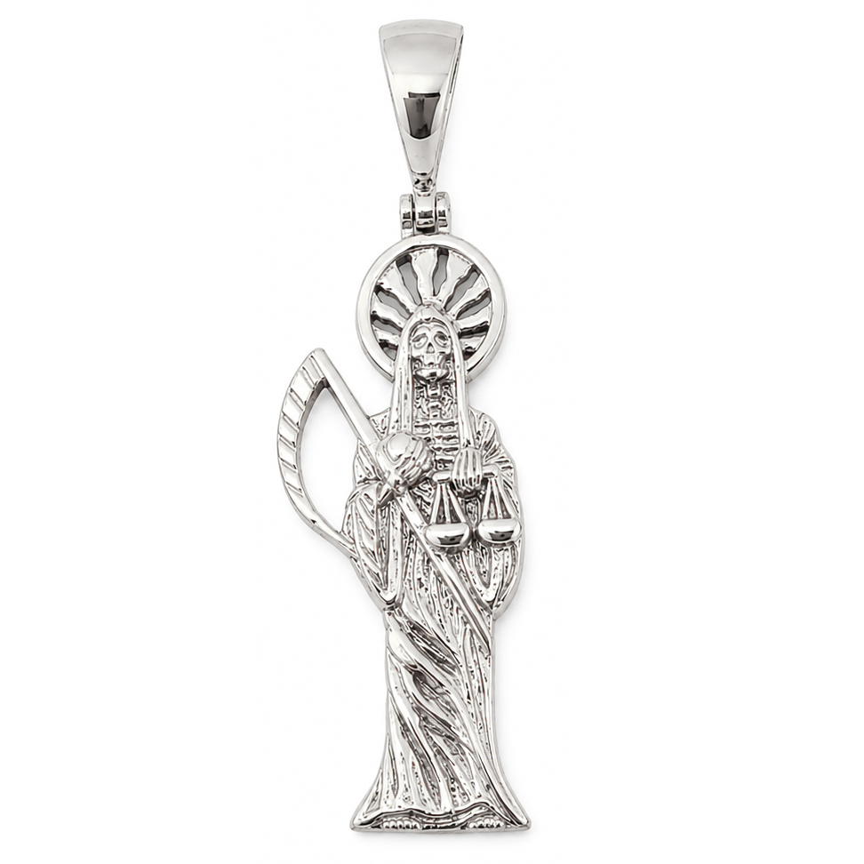 Real 18K White Gold Santa Muerte Pendant Holy Death Grim Reaper Saint Charm Santísima Muerte