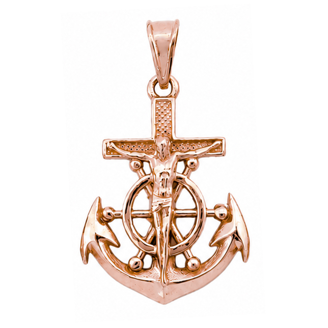Real 10K Rose Gold Jesus Anchor Cross Pendant Nautical Mariner Ship Wheel Crucifix