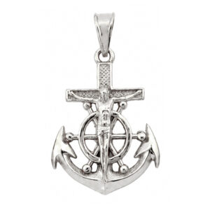 Real 14K White Gold Jesus Anchor Cross Pendant Nautical Mariner Ship Wheel Crucifix