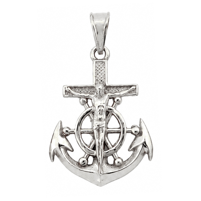 Real 14K White Gold Jesus Anchor Cross Pendant Nautical Mariner Ship Wheel Crucifix