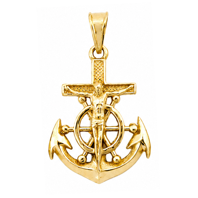 Real 14K Yellow Gold Jesus Anchor Cross Pendant Nautical Mariner Ship Wheel Crucifix