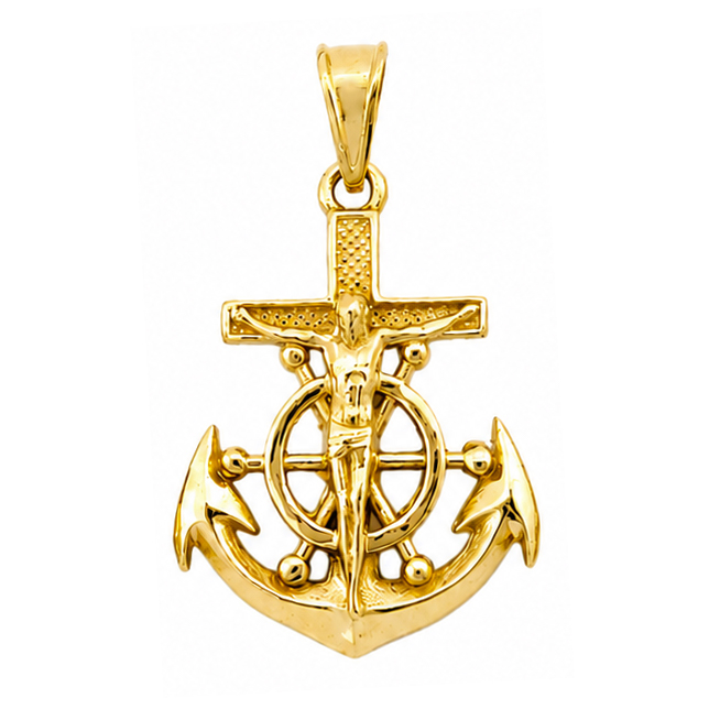 Real 18K Yellow Gold Jesus Anchor Cross Pendant Nautical Mariner Ship Wheel Crucifix