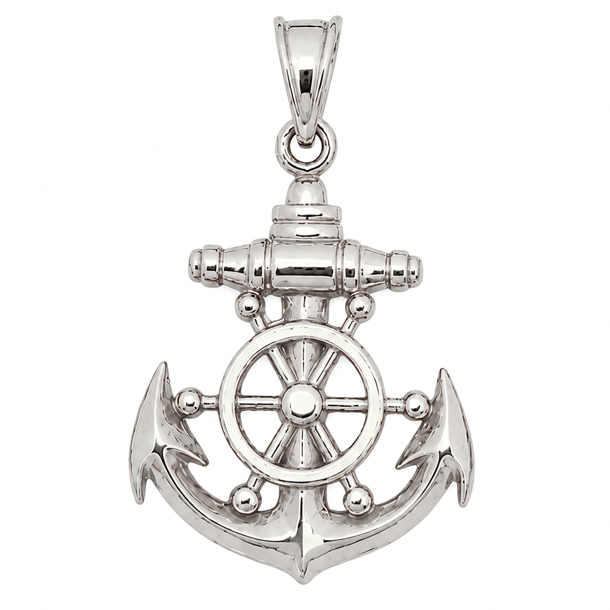 Solid 10K White Gold Mens Anchor Pendant Nautical Ship Wheel Marine Charm
