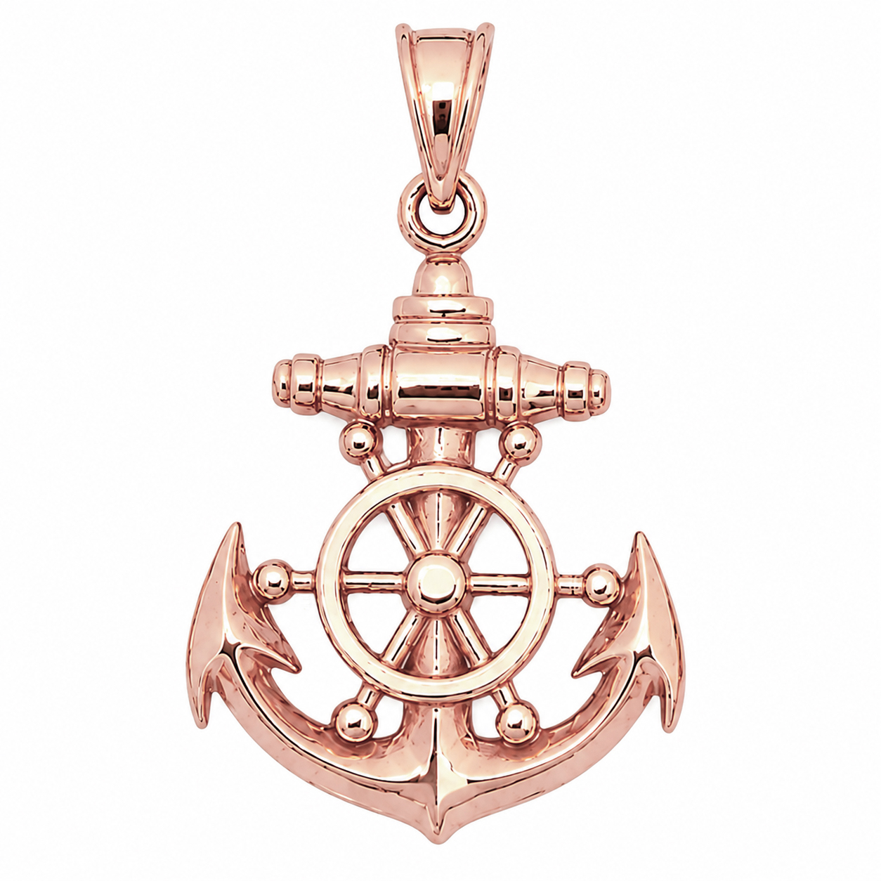 Solid 14K Rose Gold Mens Anchor Pendant Nautical Ship Wheel Marine Charm