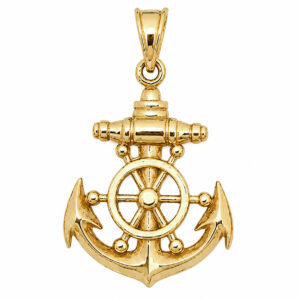 Solid 14K Yellow Gold Mens Anchor Pendant Nautical Ship Wheel Marine Charm
