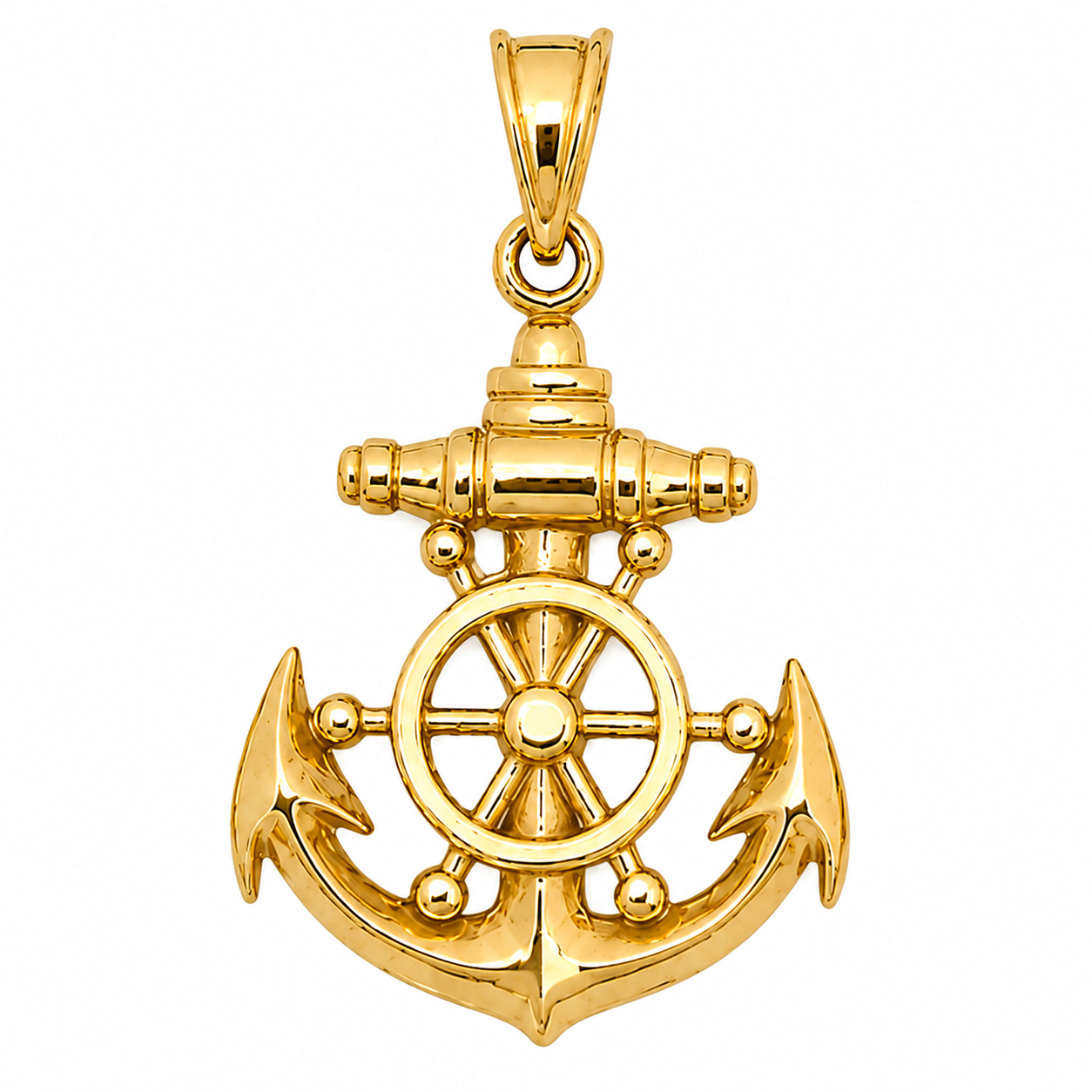 Solid 18K Yellow Gold Mens Anchor Pendant Nautical Ship Wheel Marine Charm