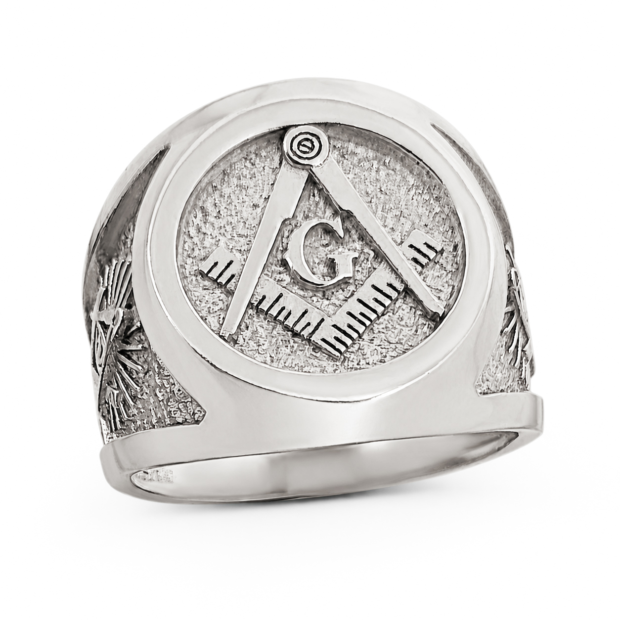 Solid 10K White Gold Freemason Masonic Mason Ring G Compass & Eye, Sizes 5–15