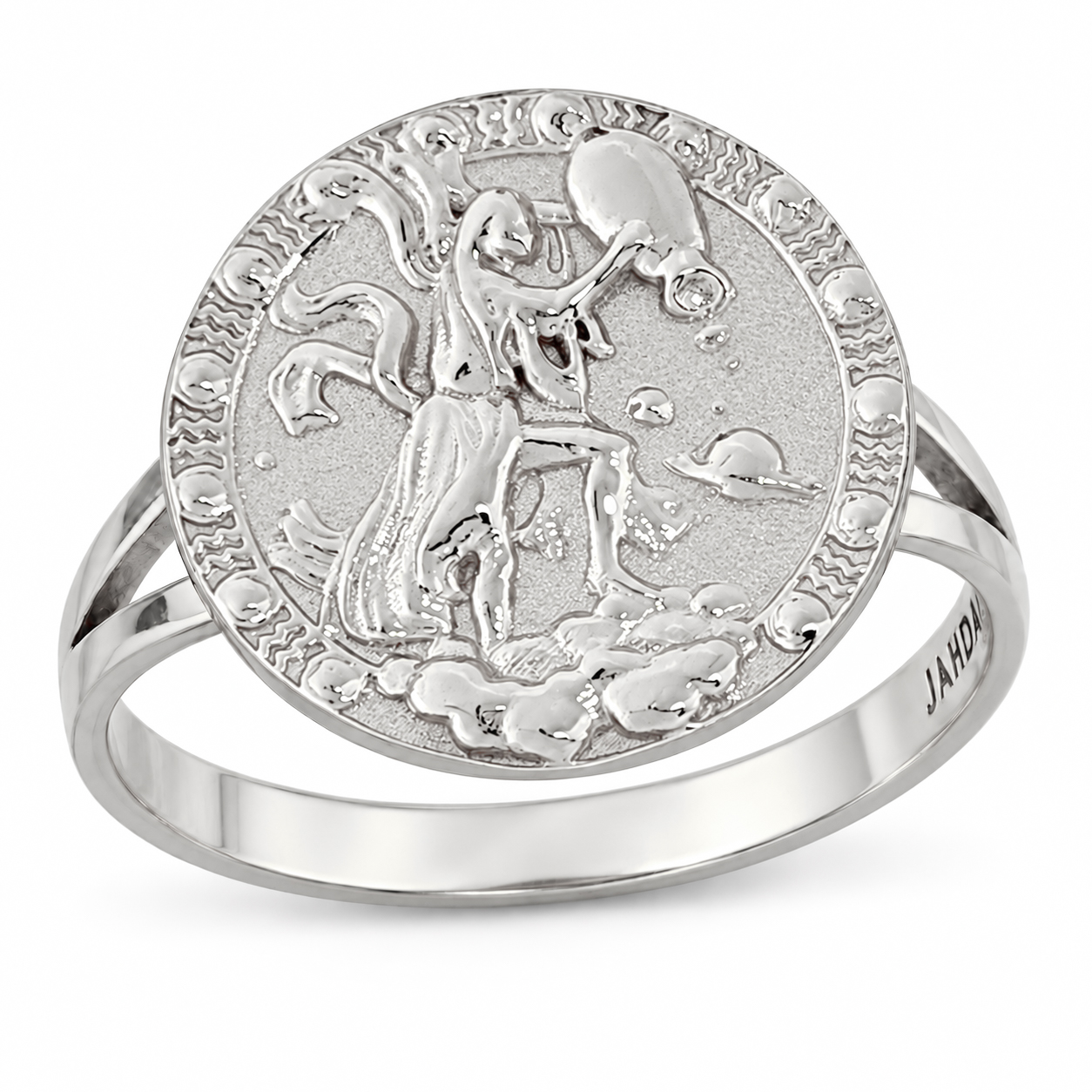 Solid 10K White Gold Aquarius Ring for Women, Zodiac Sign Astrology Ring